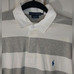 Ralph Lauren Womens Gray and White Striped Polo Rugby Shirt Size L